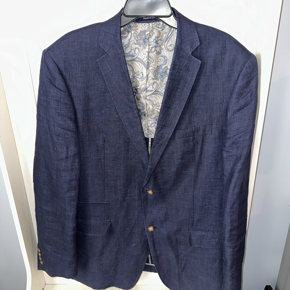 Alan Flusser Mens Navy Blue 100% Linen Two Button Paisley Lined Blazer Size 42R